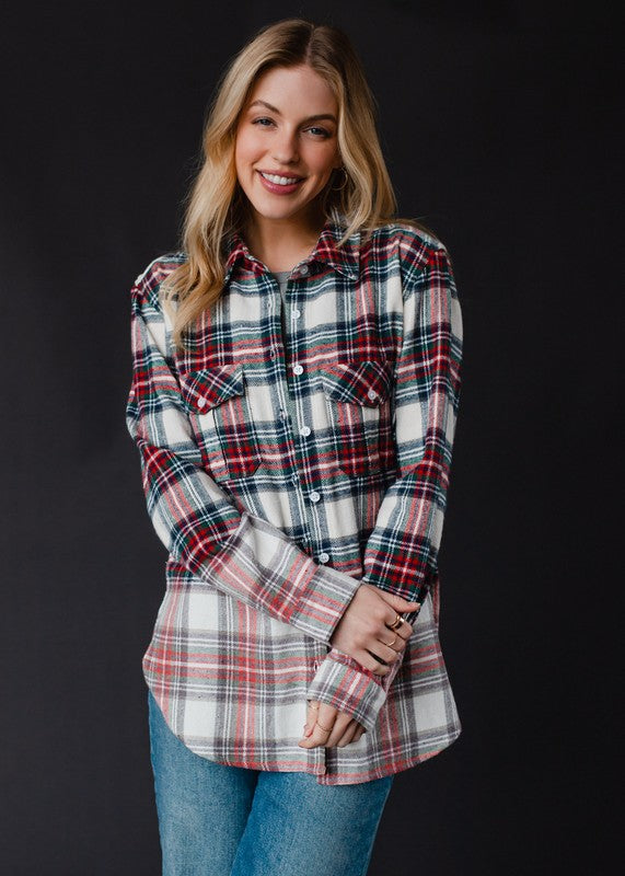 Ombre Bleach Dipped Plaid Flannel -Cream/Navy/Red/