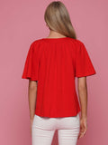 Pleated V-Neck Flutter Sleeve Solid Top