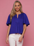 Pleated V-Neck Flutter Sleeve Solid Top