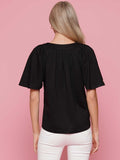 Pleated V-Neck Flutter Sleeve Solid Top