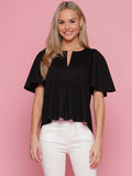 Pleated V-Neck Flutter Sleeve Solid Top