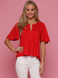 Pleated V-Neck Flutter Sleeve Solid Top