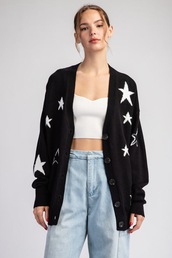 Star Pattern Sweater Cardigan - Black