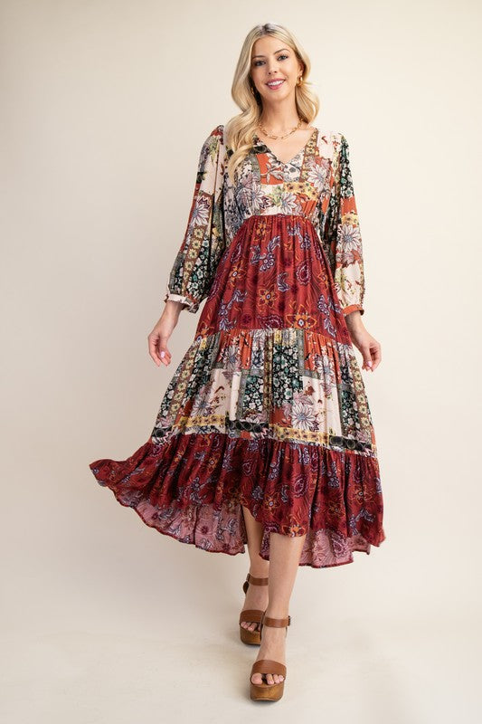 Tiered Midi Dress with Floral Print