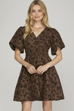 Floral Jacquard V-Neck Short Sleeve Dress