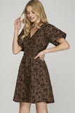 Floral Jacquard V-Neck Short Sleeve Dress