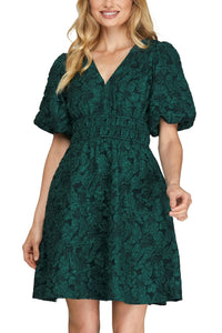 Floral Jacquard V-Neck Short Sleeve Dress