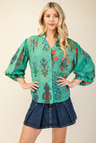 3/4 Balloon Sleeve Full Button Mandarin Collar Top