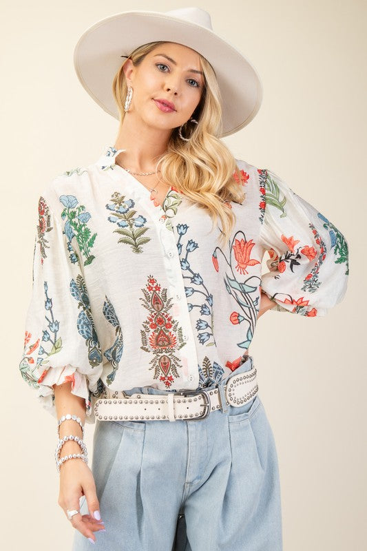 3/4 Balloon Sleeve Full Button Mandarin Collar Top