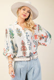 3/4 Balloon Sleeve Full Button Mandarin Collar Top