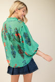 3/4 Balloon Sleeve Full Button Mandarin Collar Top