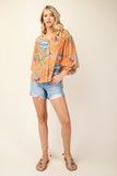 3/4 Balloon Sleeve Full Button Mandarin Collar Top