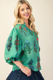 3/4 Balloon Sleeve Full Button Mandarin Collar Top