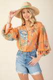 3/4 Balloon Sleeve Full Button Mandarin Collar Top