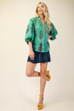 3/4 Balloon Sleeve Full Button Mandarin Collar Top