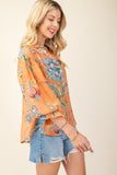 3/4 Balloon Sleeve Full Button Mandarin Collar Top
