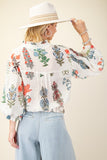 3/4 Balloon Sleeve Full Button Mandarin Collar Top