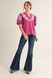 Desert Petal Embroidered Puff Sleeve Top