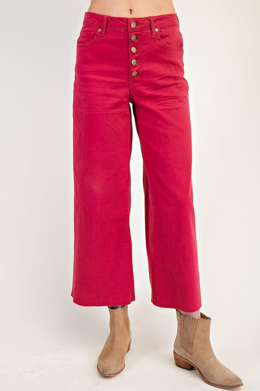 Wide Leg Twill Button-Fly Trousers