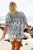 Rouched Neckline Abstract Print Blouse - Blue