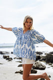 Rouched Neckline Abstract Print Blouse - Blue