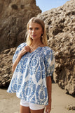 Rouched Neckline Abstract Print Blouse - Blue