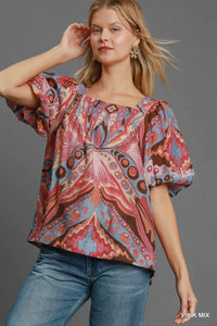 Abstract Print Square Neck Top