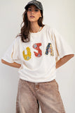 Hand-Stitched USA Pullover Short Sleeve Sweater - Cream