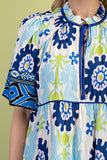 Retro Print Tie Neck Top With Shirred Sleeves - Royal Blue