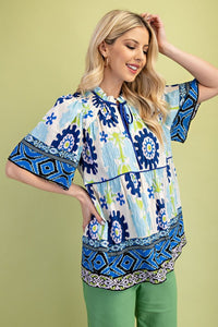 Retro Print Tie Neck Top With Shirred Sleeves - Royal Blue