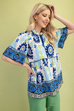 Retro Print Tie Neck Top With Shirred Sleeves - Royal Blue