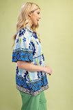 Retro Print Tie Neck Top With Shirred Sleeves - Royal Blue