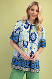 Retro Print Tie Neck Top With Shirred Sleeves - Royal Blue