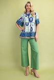 Retro Print Tie Neck Top With Shirred Sleeves - Royal Blue