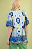 Retro Print Tie Neck Top With Shirred Sleeves - Royal Blue