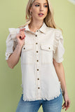 Gathered Sleeve Linen Button Up Shirt