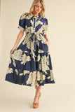 Evening Soirée Cinch Tie Midi Dress - Floral Navy