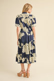 Evening Soirée Cinch Tie Midi Dress - Floral Navy
