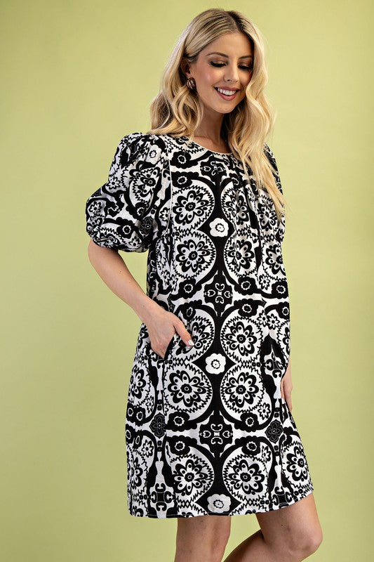 Puff Sleeve Mini Dress - Abstract Black