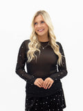 Pearl Embellished Sheer Mesh Long Sleeve Top
