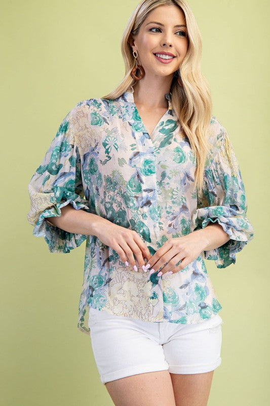 Floral Printed Button Down Blouse w/Elastic Sleeves