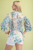 Floral Printed Button Down Blouse w/Elastic Sleeves