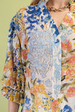 Floral Printed Button Down Blouse w/Elastic Sleeves - Blue