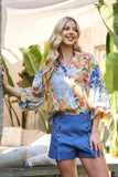 Floral Printed Button Down Blouse w/Elastic Sleeves - Blue