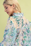Floral Printed Button Down Blouse w/Elastic Sleeves