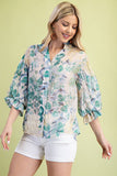 Floral Printed Button Down Blouse w/Elastic Sleeves