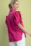 Gathered Sleeve Linen Button Up Shirt - Magenta