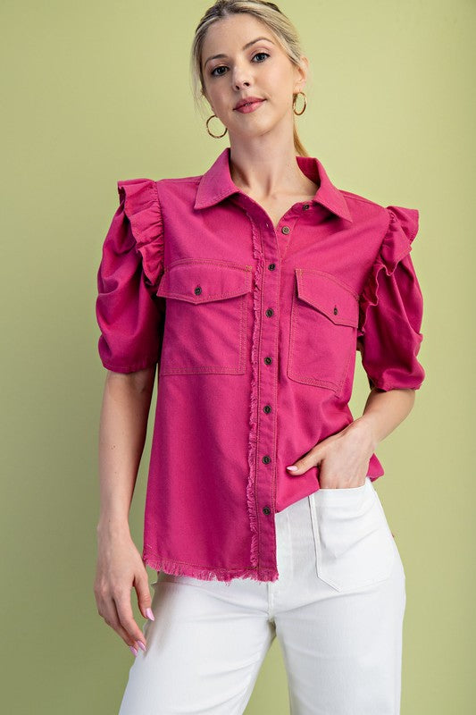 Gathered Sleeve Linen Button Up Shirt - Magenta