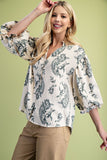 Balloon 3/4 Sleeve Blouse w/Heirloom Print