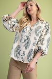 Balloon 3/4 Sleeve Blouse w/Heirloom Print